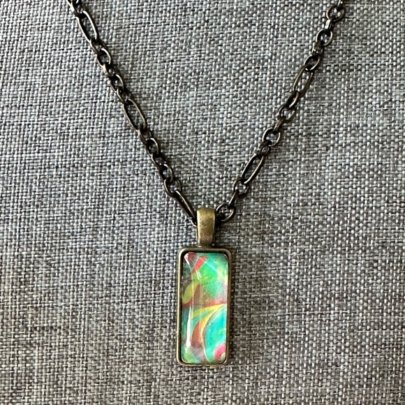 Hand painted Abstract Acrylic fluid pour art bezel pendant necklace pink blue - Picture 3 of 8